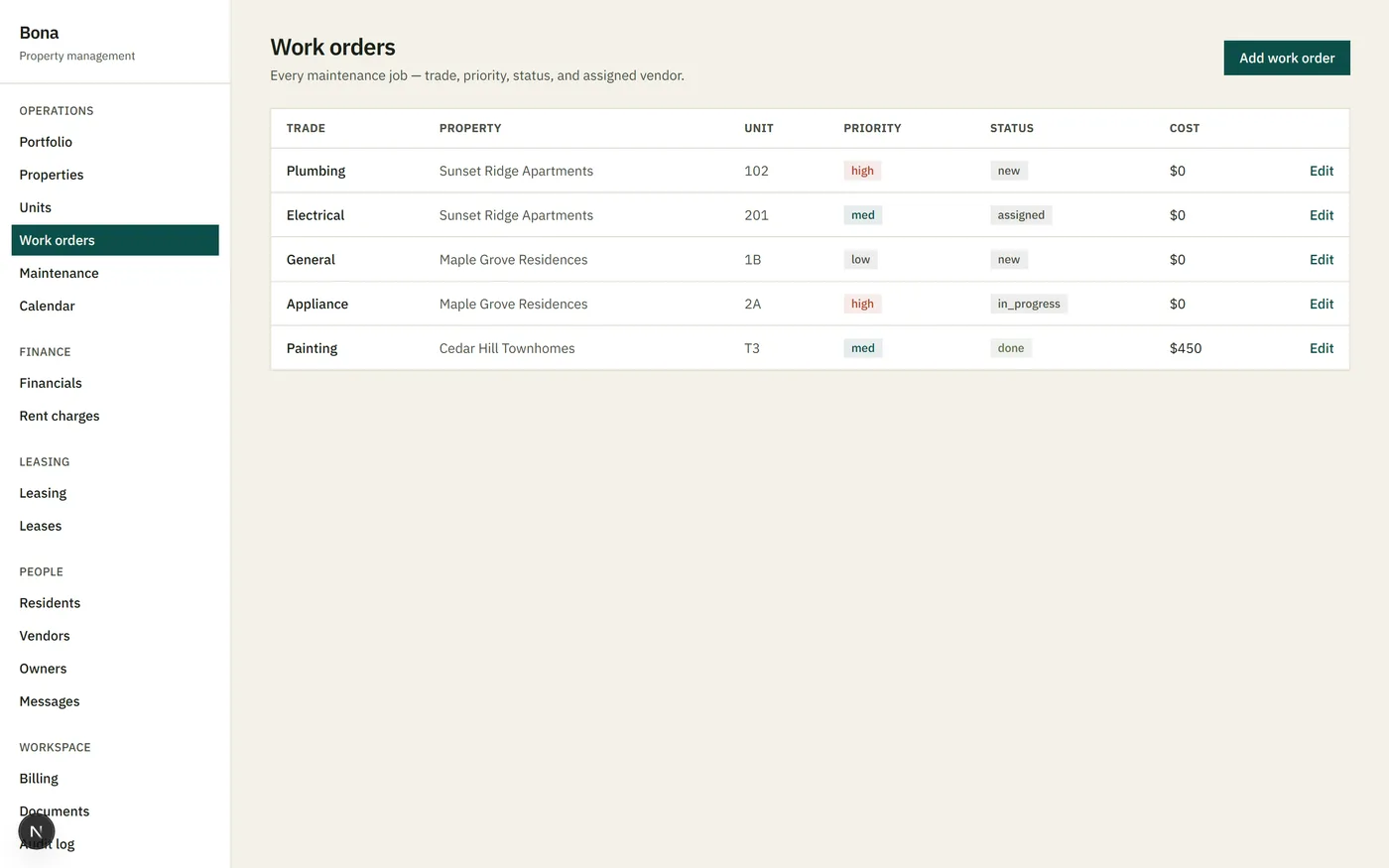Bona work orders board with statuses and vendor assignment