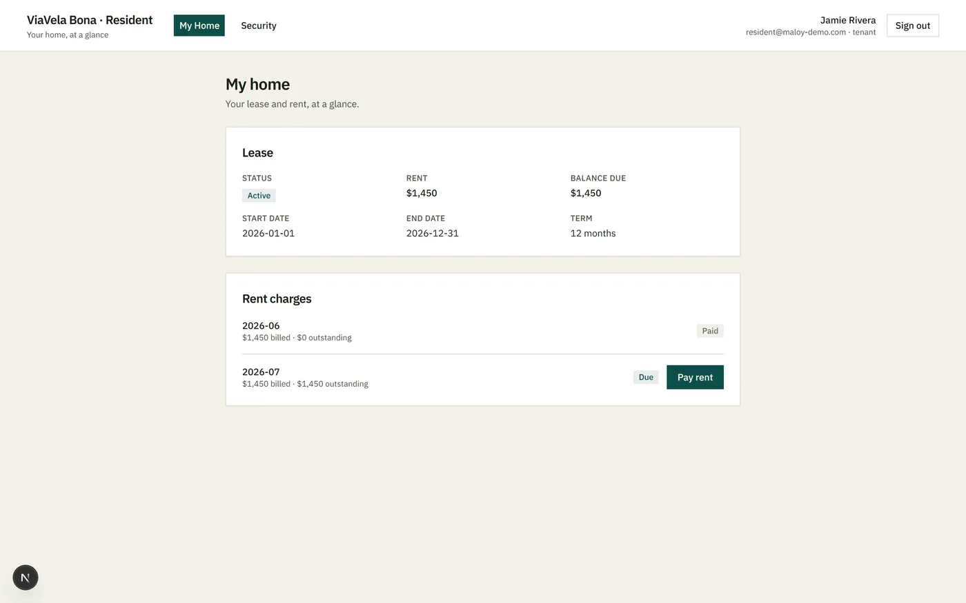 Bona resident portal: lease status, rent, balance due, and per-month rent charges with a Pay rent action