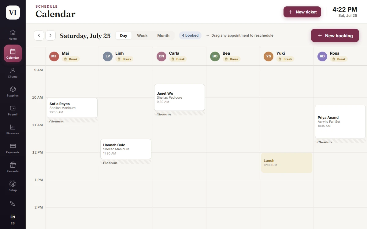 Venustas booking calendar, day view: six technician columns with appointments, breaks, and cleanup buffers